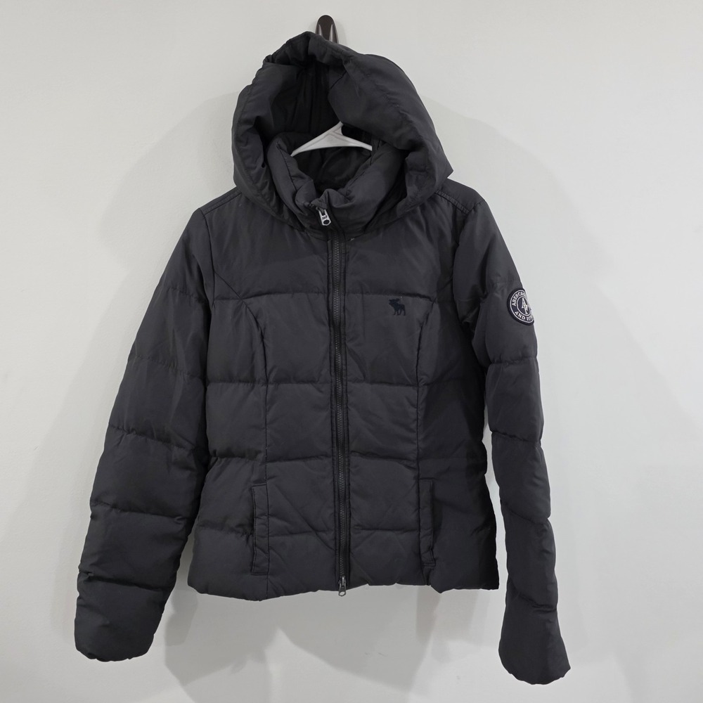 Y2K Abercrombie Fitch Womens Down Puffer Jacket Large Black Hooded Moose Logo